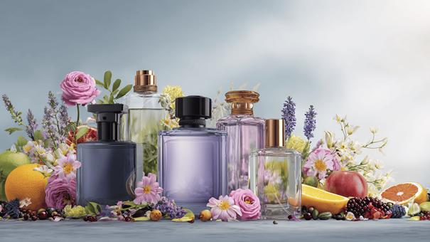 Afbeelding van parfumflessen en ingrediënten van de parfum.