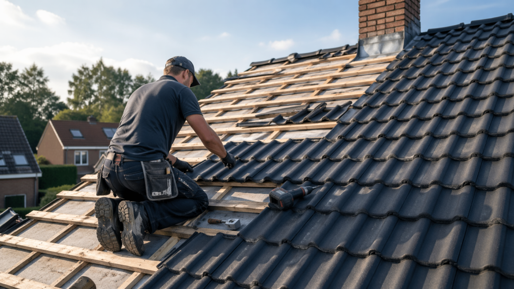 Dakpannen worden gelegd op woning tijdens dakvervanging gemiddeld duur traject