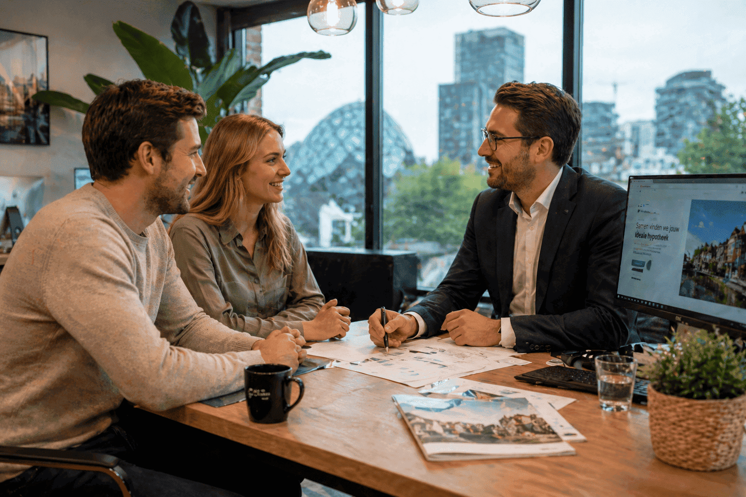 Gesprek met adviseur over hypotheekadvies snelheid en financi&euml;le situatie aan tafel
