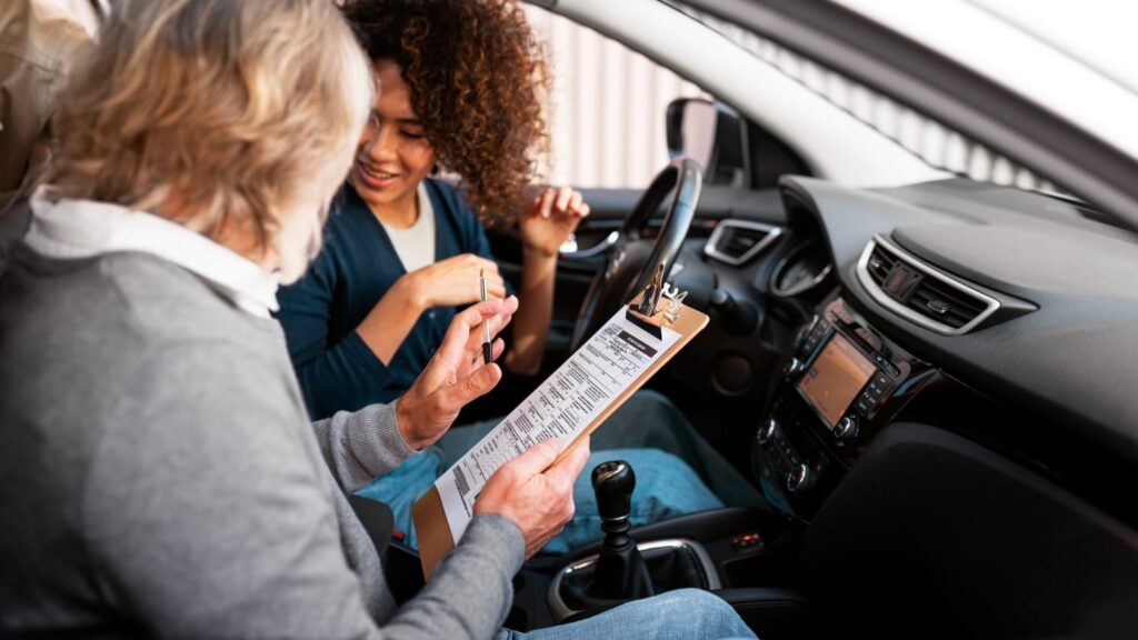 Rijinstructeur en leerling bespreken voortgang tijdens rijles ondanks wachttijden rijscholen