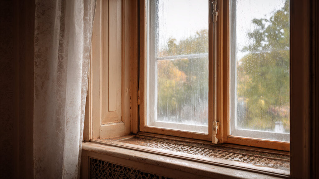 Condens op een oud houten raam in een woning waar vochtproblemen ontstaan door slechte isolatie.