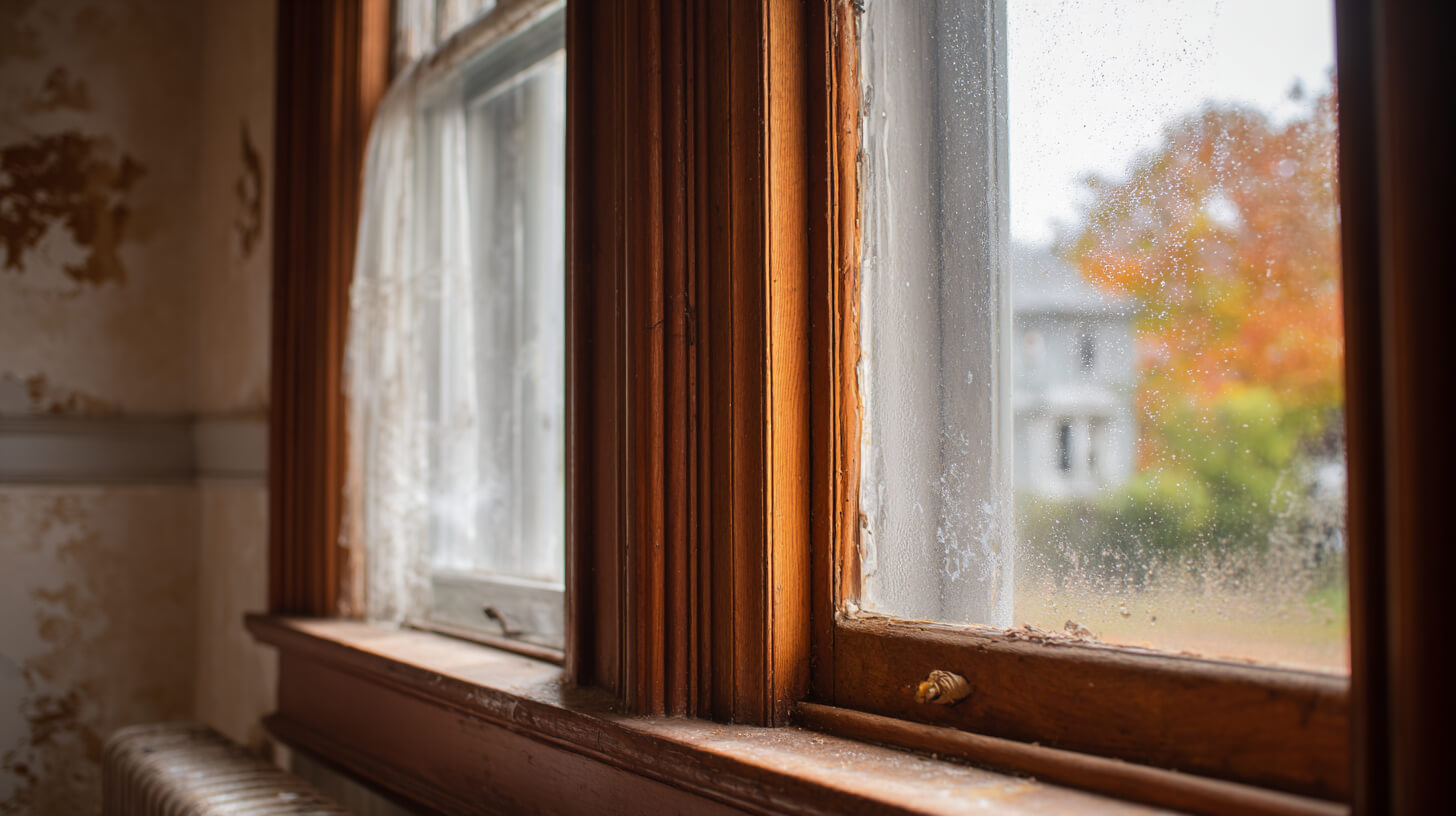 Vochtige raamkozijnen met condensvorming in een oudere woning waar vochtproblemen ontstaan.