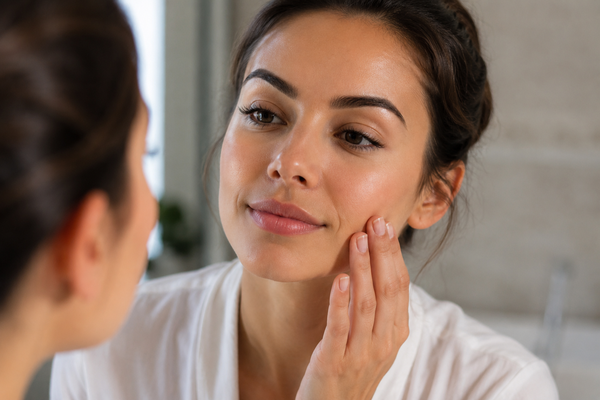 Vrouw bekijkt haar huid in de spiegel tijdens dagelijkse huidverzorgingsroutine na cosmetische behandeling