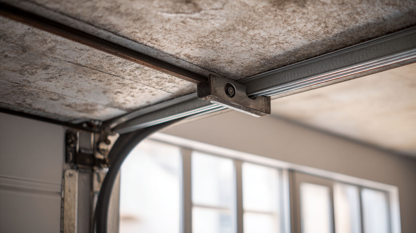 Slijtage aan metalen onderdelen rond garagepoort rubbers bij een oudere garagepoort.