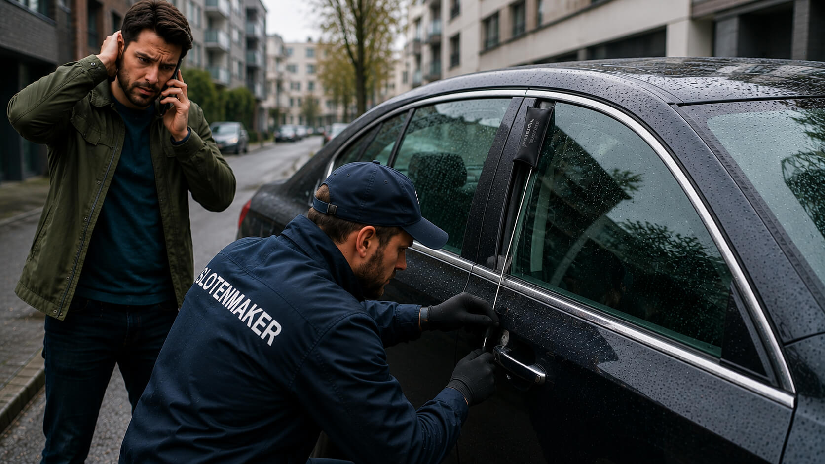 Slotenmaker auto opent een buitengesloten voertuig terwijl de eigenaar telefonisch hulp regelt.