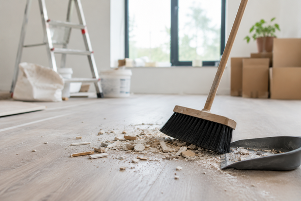 Bezem en stofblik verwijderen bouwstof en puin van een vloer tijdens het opruimen van een woning na een verbouwing