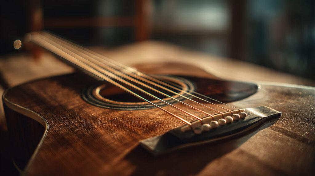 Akoestische gitaar met nieuwe snaren voor meer helderheid en een betere klank tijdens het spelen.