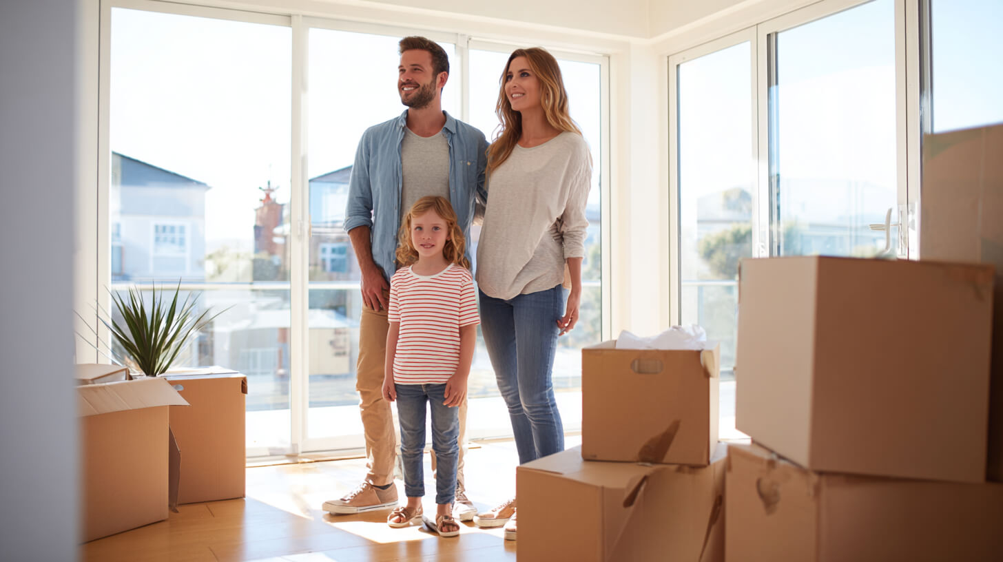 Gezin tussen verhuisdozen na een succesvolle verhuizing naar Maastricht.