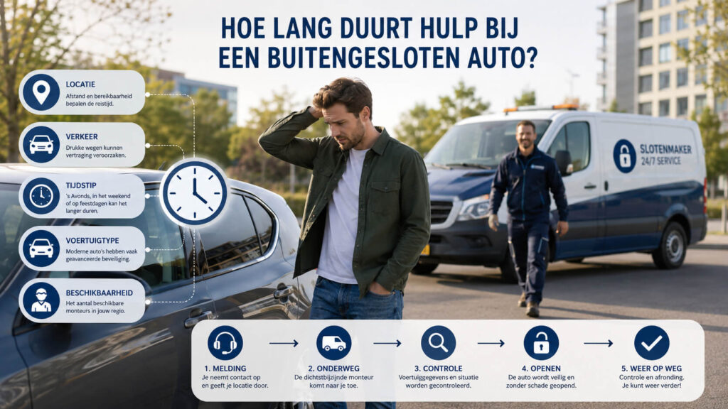 Infographic over wachttijden en factoren die invloed hebben op hulp van een slotenmaker auto.