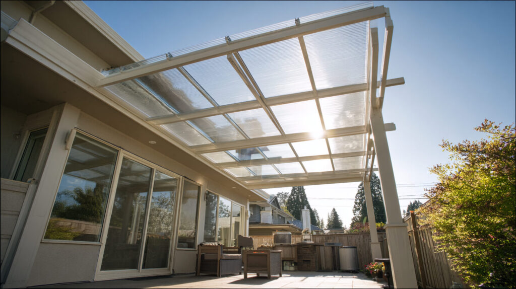 Veranda met nieuwe dakplaten na een verandadak vervangen voor betere bescherming tegen regen.
