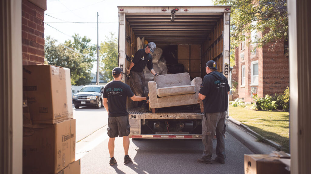 Verhuizers lossen meubels uit een vrachtwagen bij een verhuizing naar Maastricht.