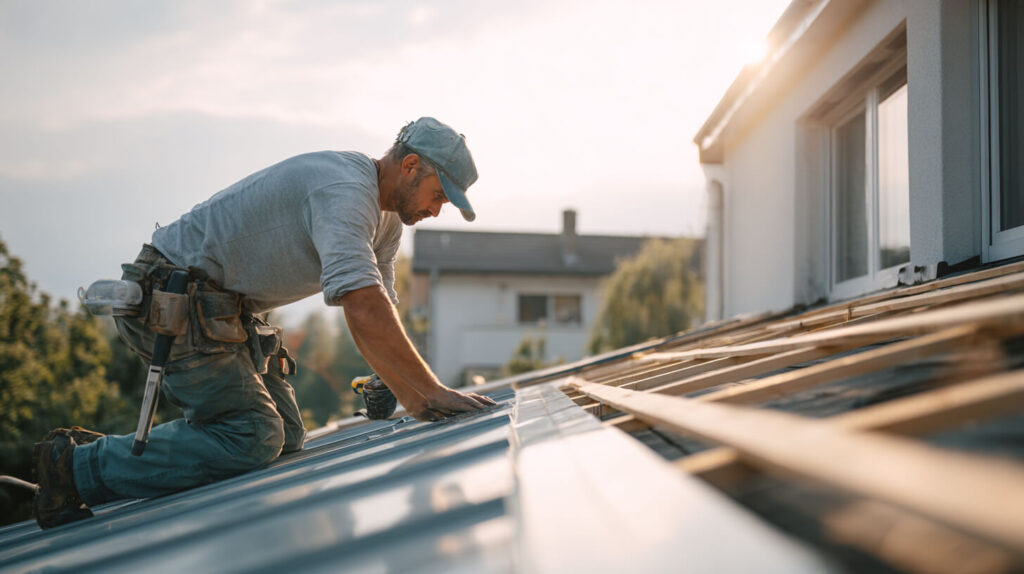 Monteur plaatst nieuwe dakdelen tijdens een verandadak vervangen bij een bestaande woning.