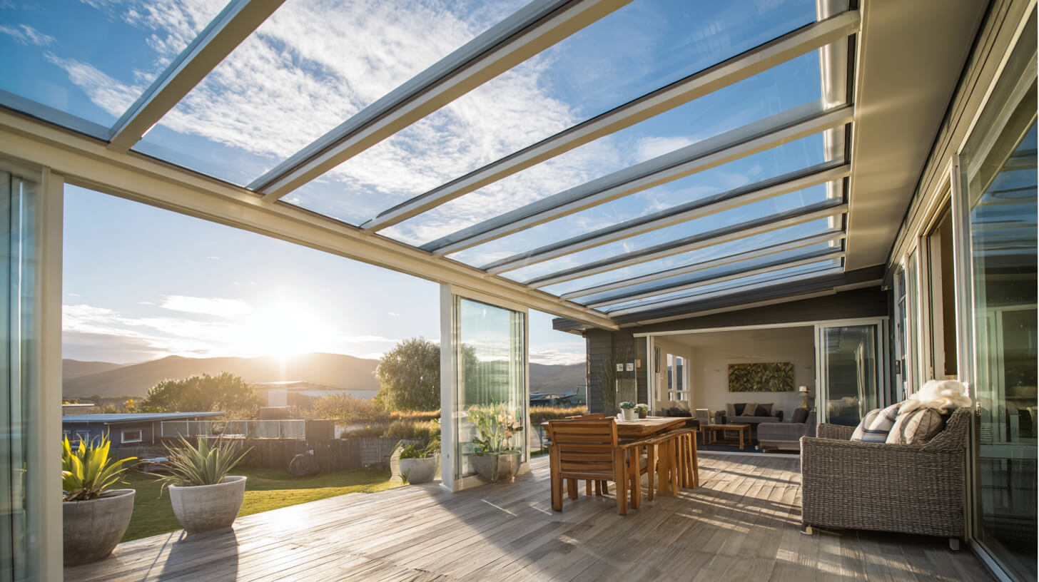 Veranda met nieuwe dakplaten na een verandadak vervangen voor betere bescherming tegen regen.