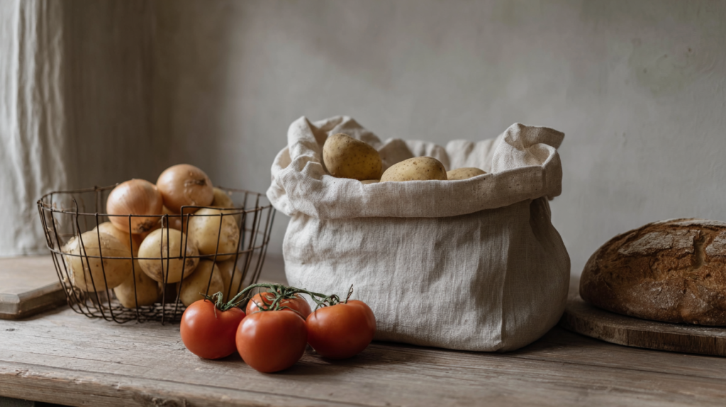Aardappelen, uien en tomaten los bewaard op het aanrecht naast een brood in linnen zak, zonder koeling