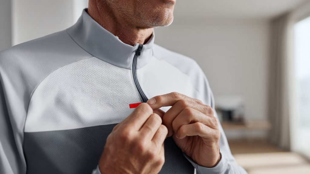 Een man sluit de rits van een op maat gemaakt sportshirt met kleurblokken, met een klein rood accentlabel op de borst
