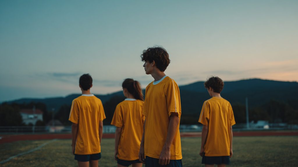 Vier jonge voetballers in identieke gele teamshirts staan bij avondlicht op het veld voor de wedstrijd