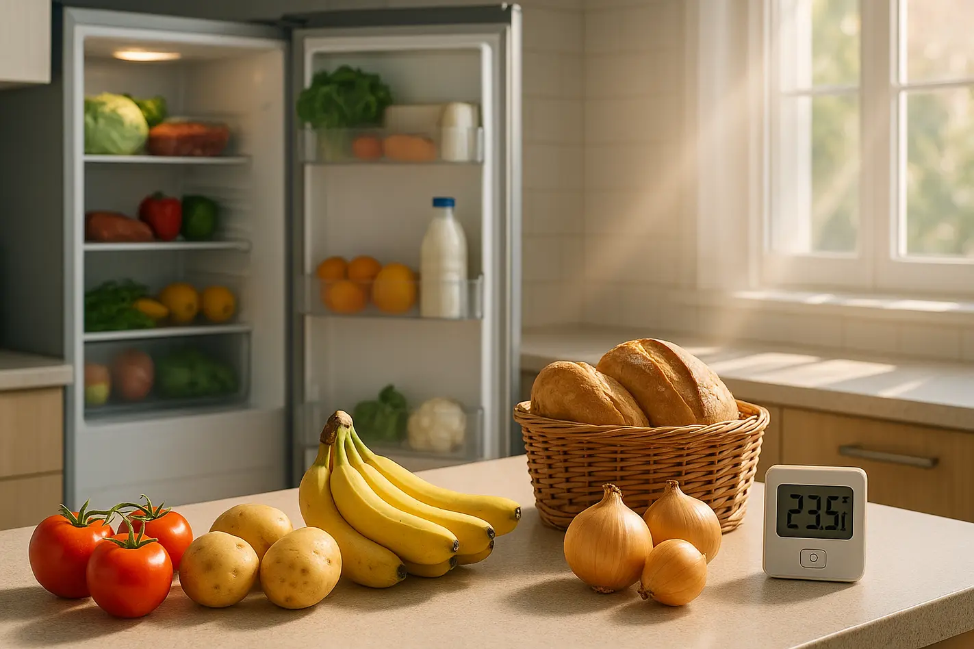 Moderne keuken met open koelkast vol verse producten en eten buiten de koelkast op aanrecht