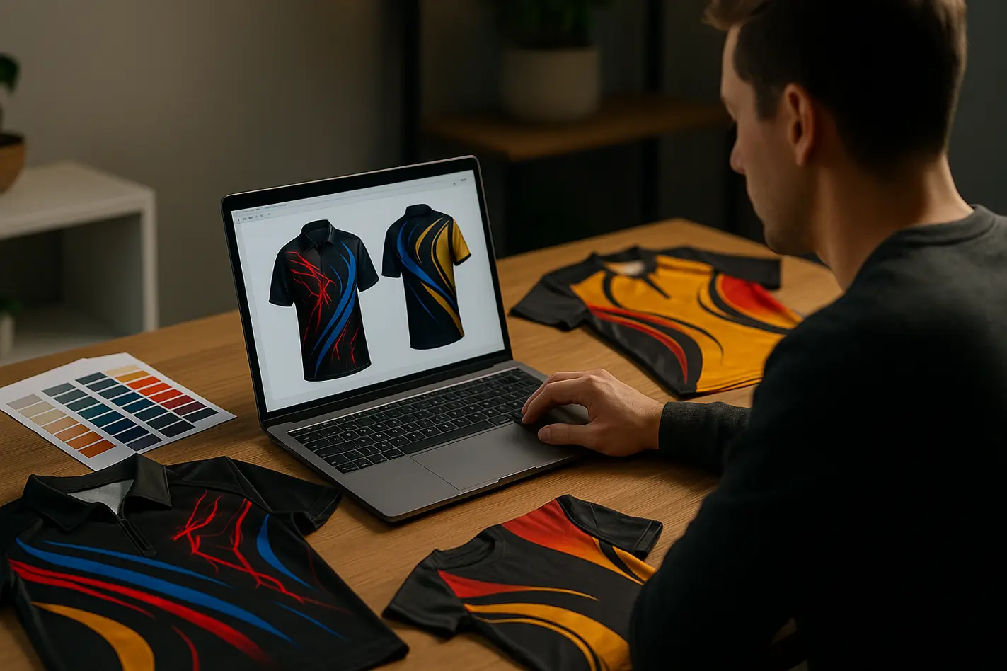 Designer bekijkt dartshirts ontwerpen op scherm in moderne werkruimte
