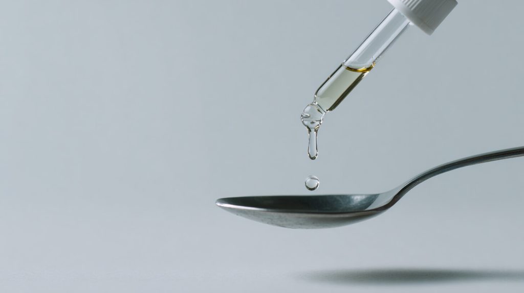 Druppels uit een pipetflesje die op een lepel vallen, voor een nauwkeurige dosering van een vloeibaar gezondheidsmiddel