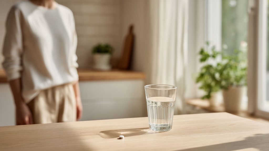 Een glas water en een pijnstiller op een houten keukentafel in zacht ochtendlicht, met een persoon op de achtergrond