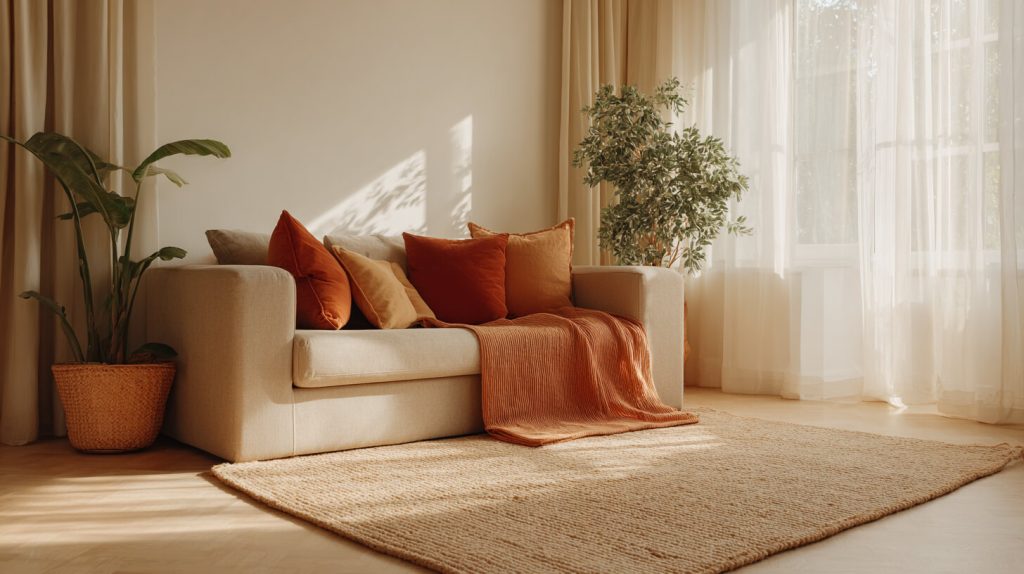 Zonnige woonkamer met een bankstel vol terracotta kussens, een jute vloerkleed en groene kamerplanten