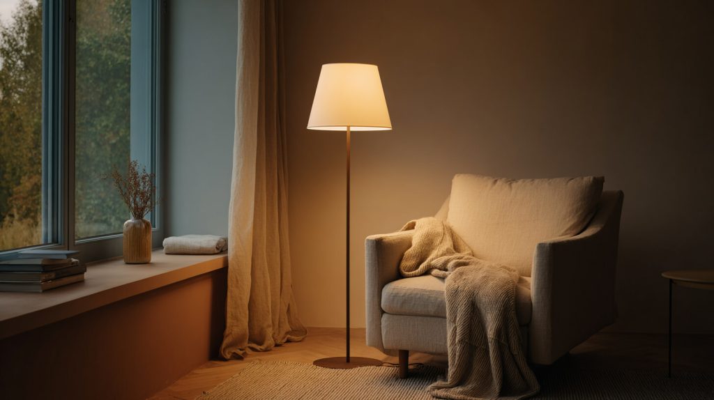 Sfeervolle woonhoek met een warme vloerlamp naast een linnen fauteuil met wollen plaid in de avondschemering