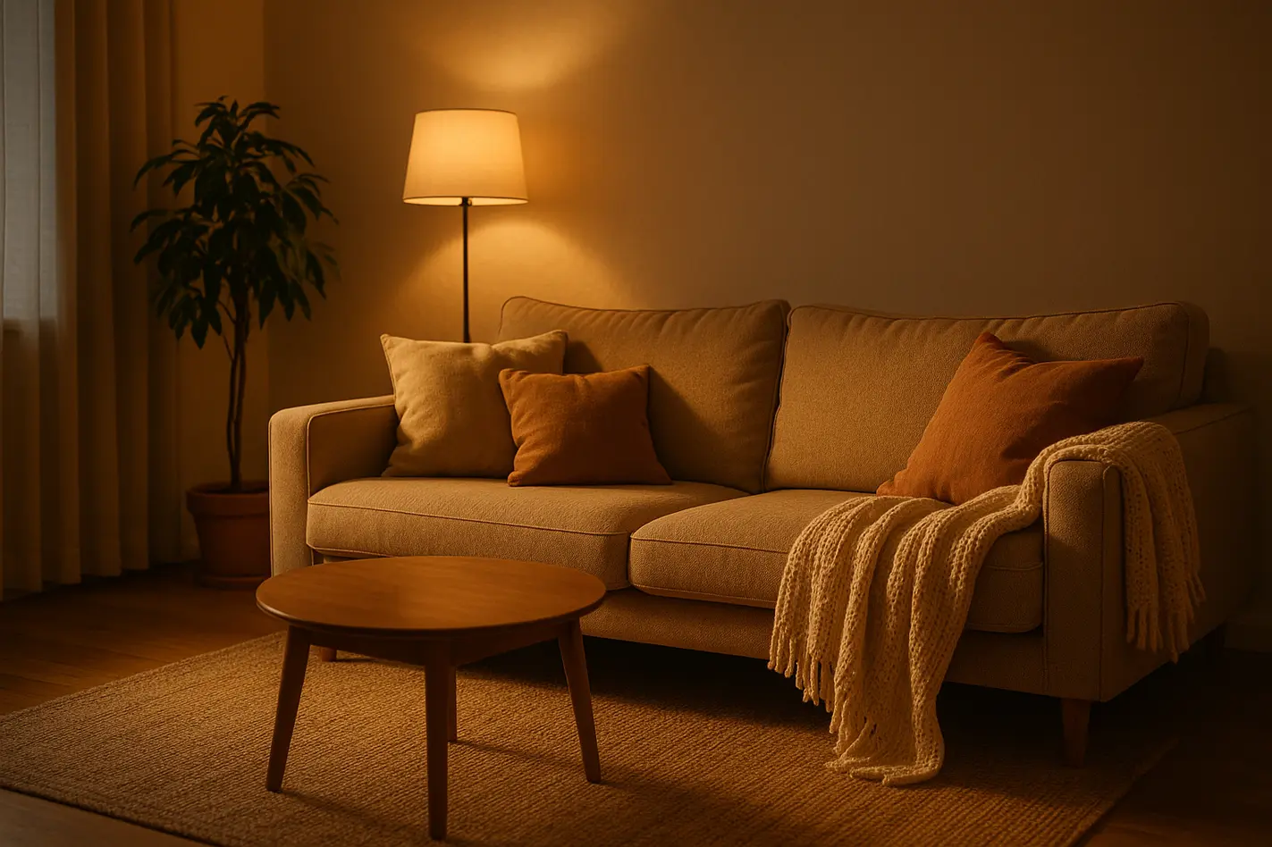 Warm verlicht woonkamer met zachte gouden lampen, knusse kussens en deken op sofa, groen plant in hoek maakt huis sfeervoller