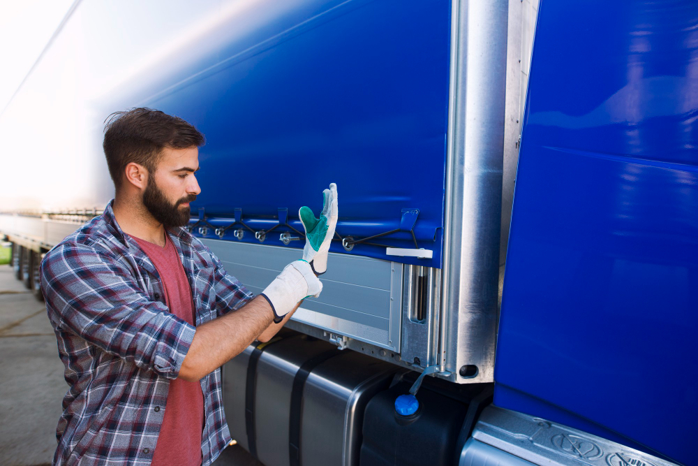 vrachtwagenchauffeur die zijn vrachtwagen gaat uitladen