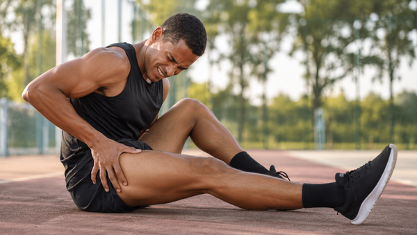 sporter houdt verrekte hamstring vast na het sporten