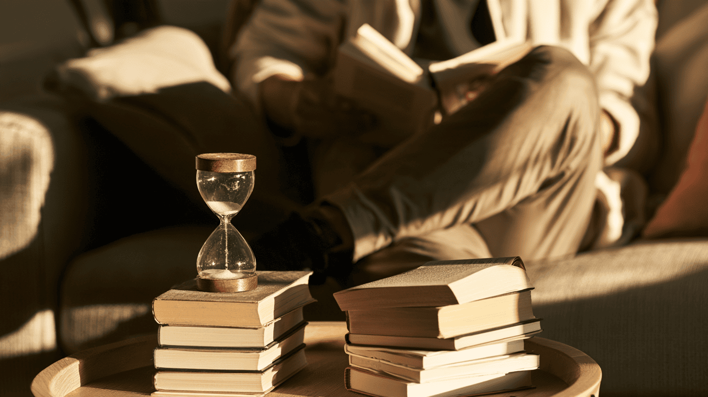 Persoon leest een boek op de bank, met een zandloper ernaast