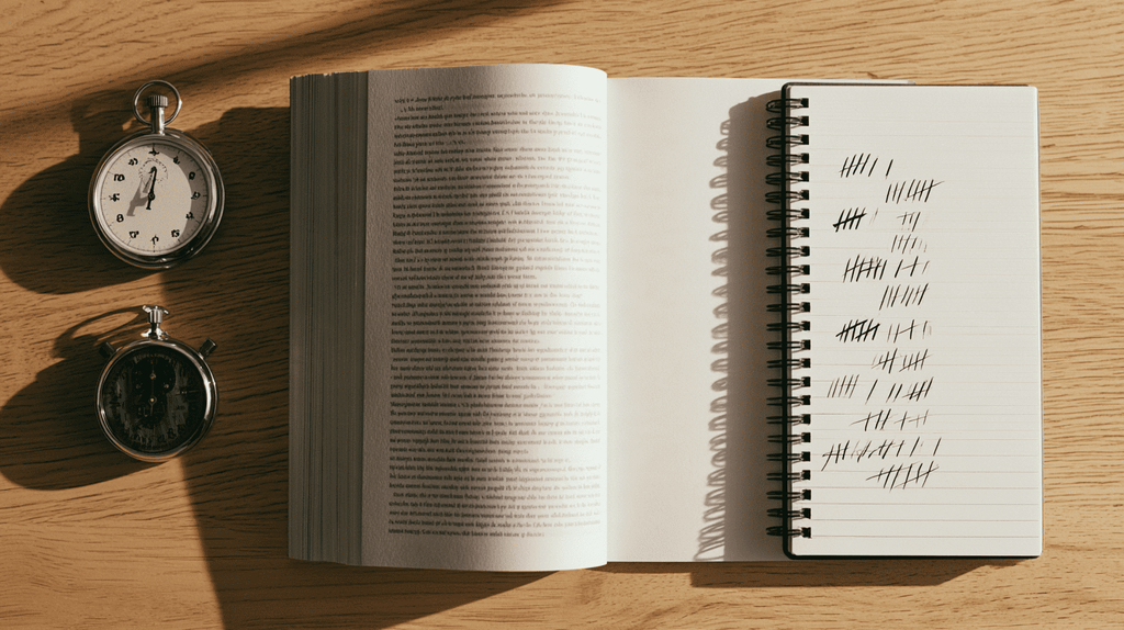 Open boek met stopwatch en notitieboek om je leestempo te berekenen